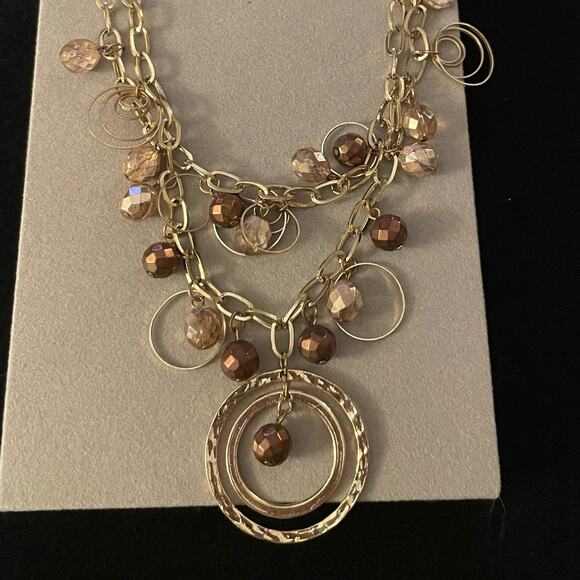 Layered Gold Tone Double Circle Pendant Statement Necklace - Picture 1 of 2